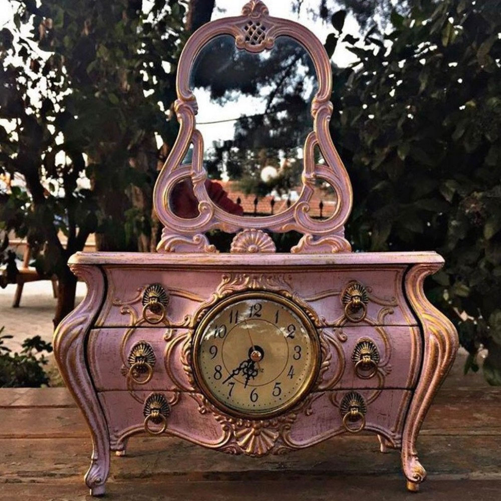 Eskitme Model Aynalı ve Masa Saatli Müzik Kutusu