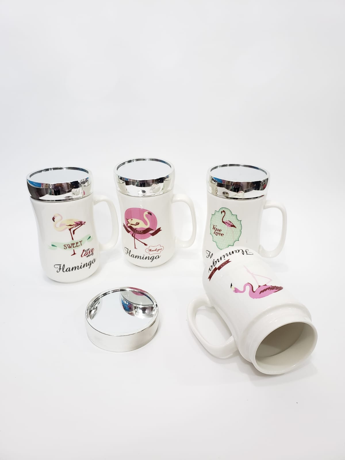 Toptan Flamingo Kapakli Aynali Porselen Kupa Bardak