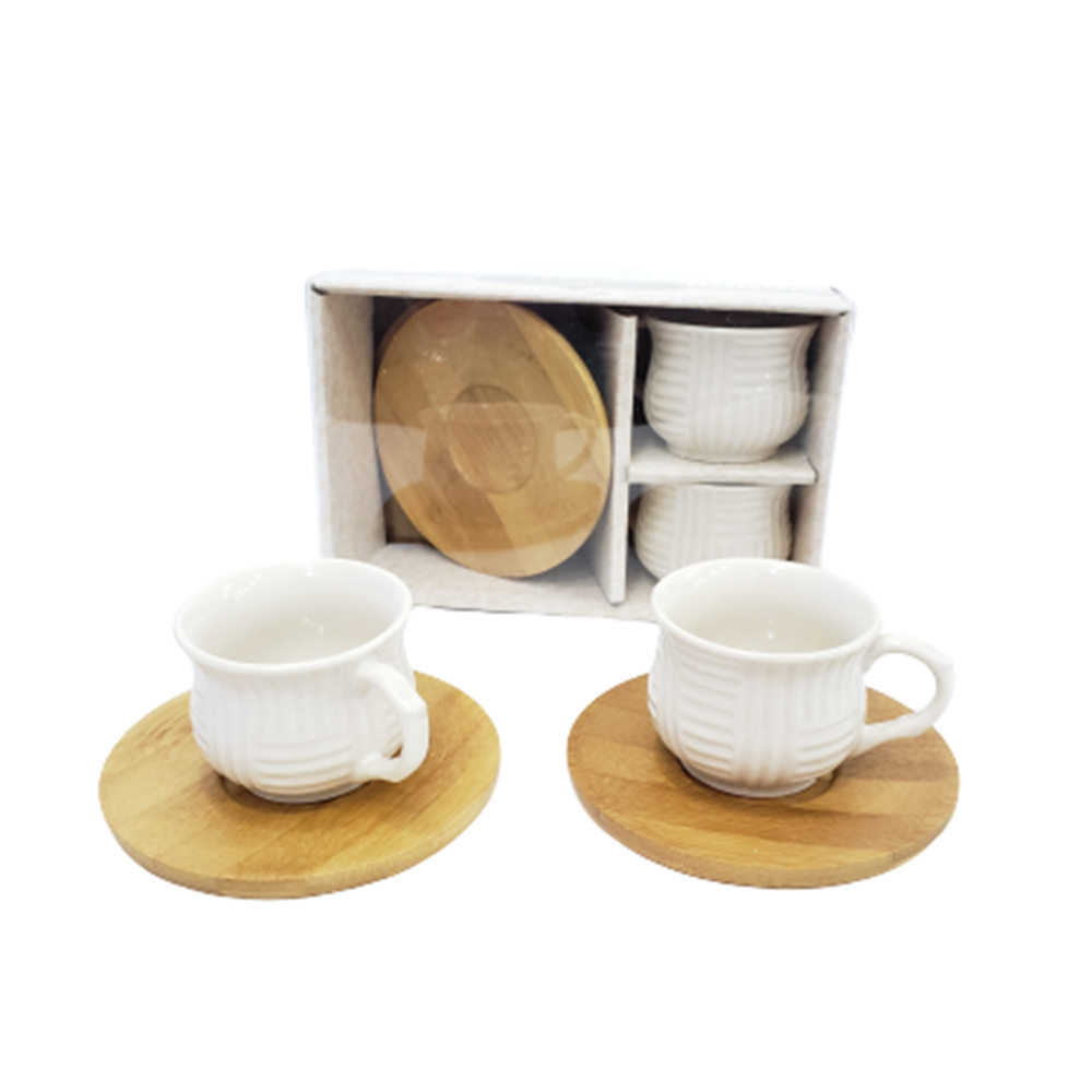 Toptan Bambu Tabaklı Porselen 2'li Kahve Takımı