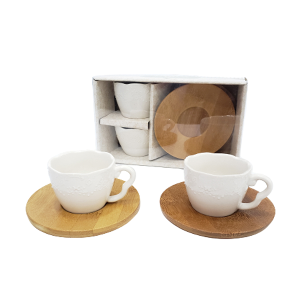 Toptan Bambu Tabaklı Porselen 2'li Kahve Takımı