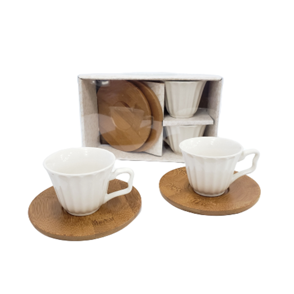 Toptan Bambu Tabaklı Porselen 2'li Kahve Takımı