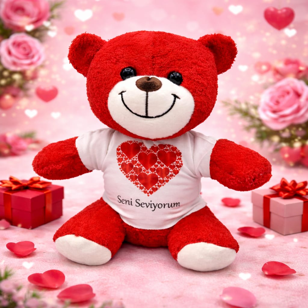 Toptan Kalpli Seni Seviyorum Tişörtlü Kırmızı Ayıcık