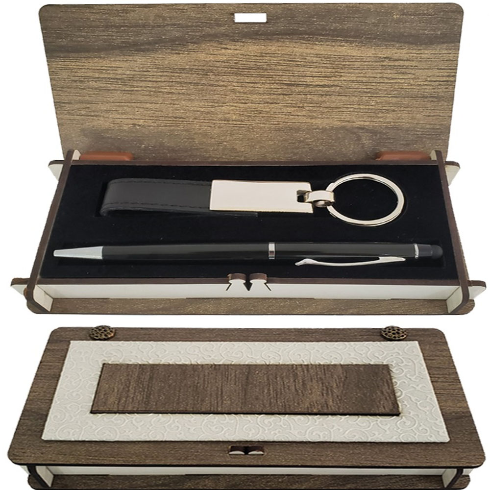 Toptan Ahşap Kutulu Siyah Anahtarlık ve Kalem Set