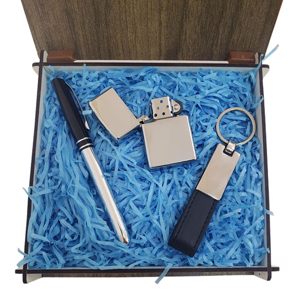 Toptan Özel Ahşap Kutulu Silver Roller Kalem Çakmak ve Deri Anahtarlık Seti