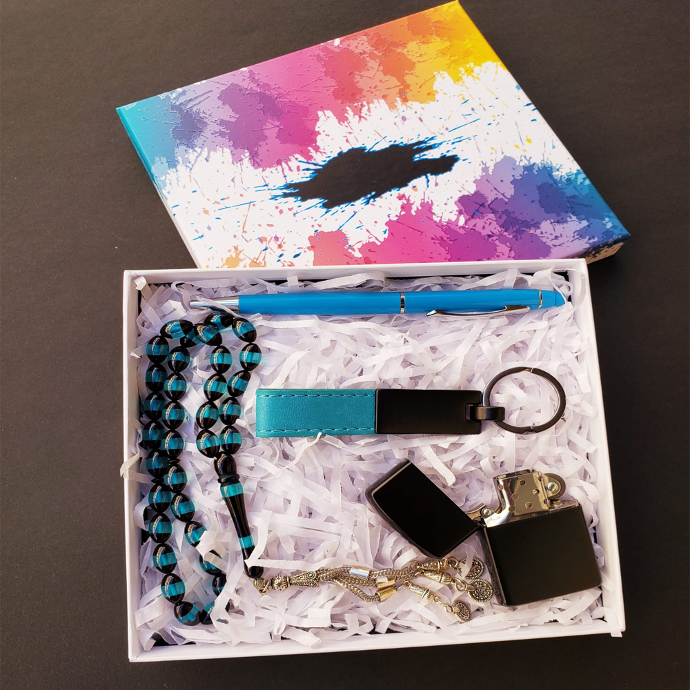 Toptan Mavi Deri Anahtarlık Kalem ve Toz Kehribar Tesbih Çakmak Set