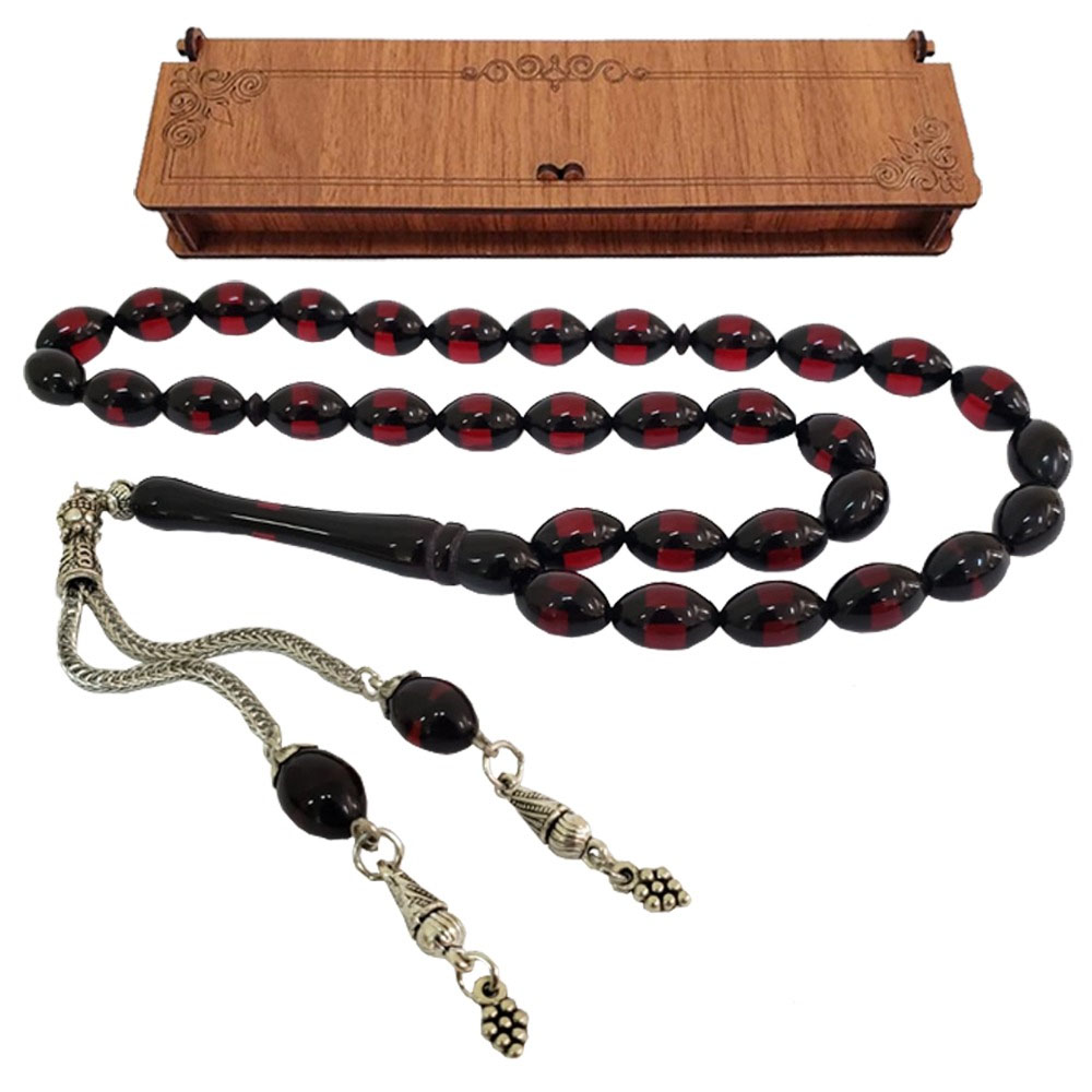 Toptan Siyah Kırmızı Toz Kehribar Tesbih Kutulu