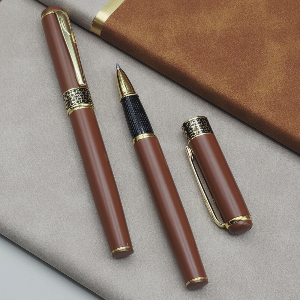 Toptan Gold İşlemeli Kahverengi Metal Roller Kalem