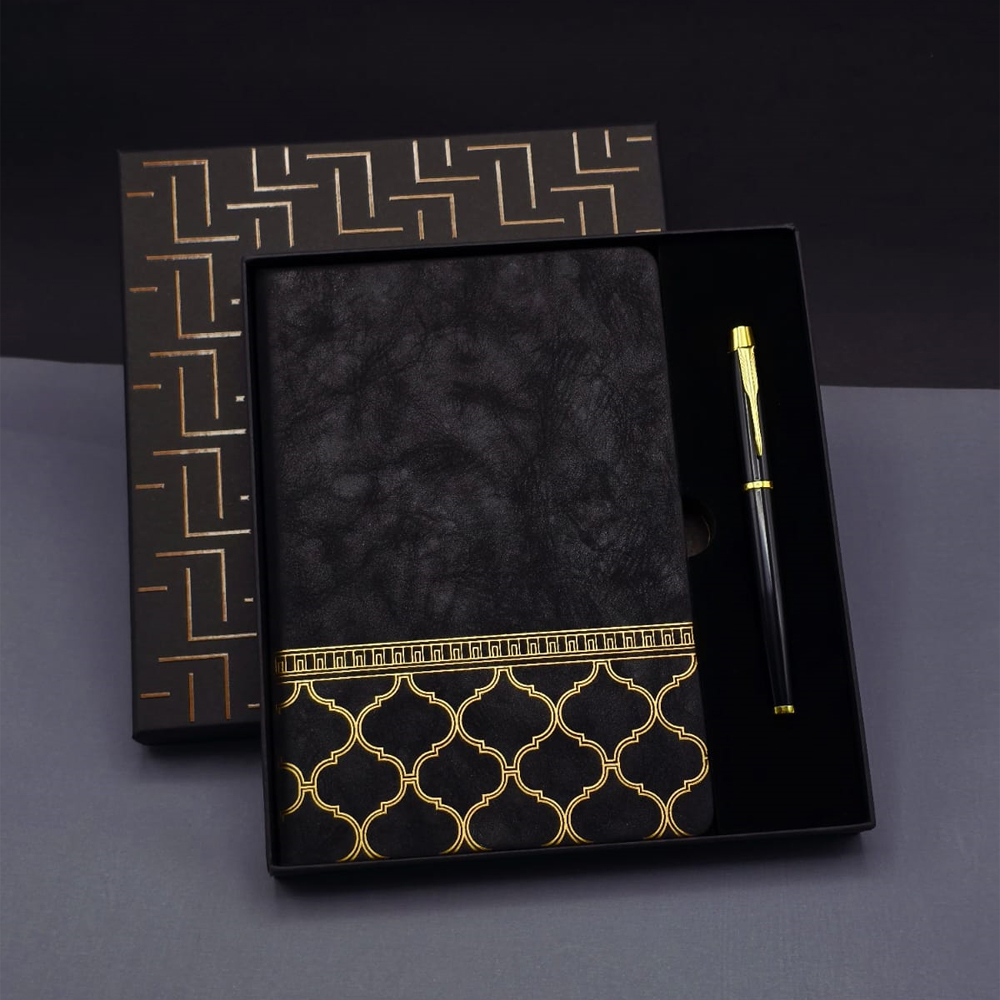 Toptan Gold Desen Siyah Deri Defter Kalem Set