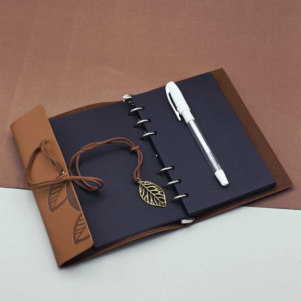 Toptan Siyah Yapraklı Deri Defter Ve Kalem Seti