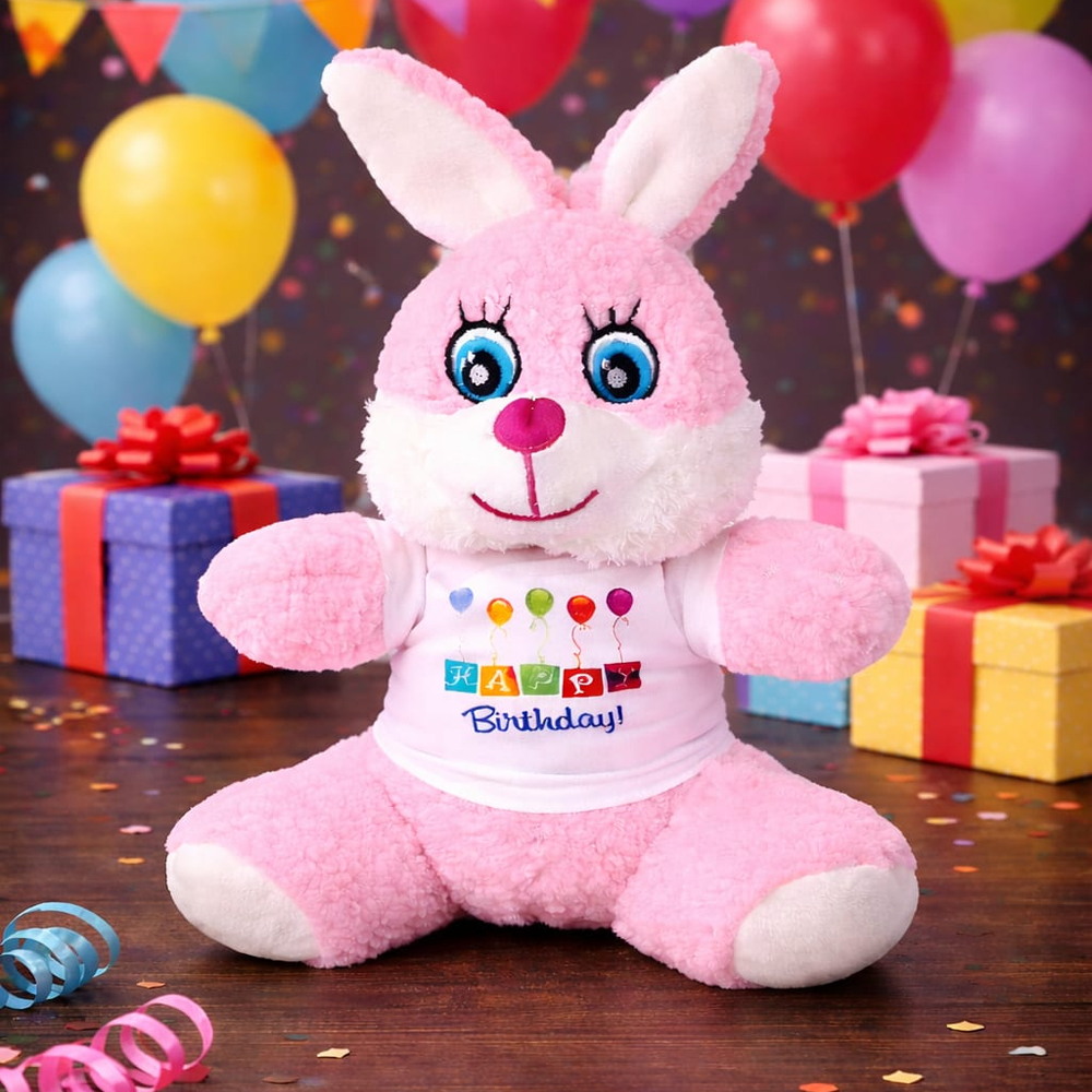 Toptan Happy Birthday Tişörtlü Peluş Tavşan