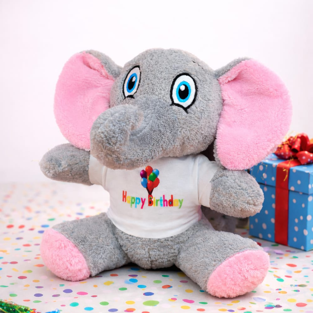 Toptan Happy Birthday Tişörtlü Peluş Oyuncak Fil
