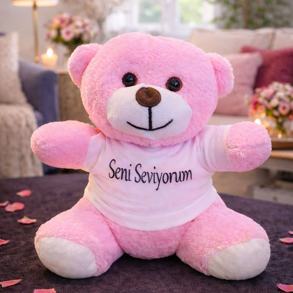 Toptan Pembe Seni Seviyorum Tişörtlü Ayıcık