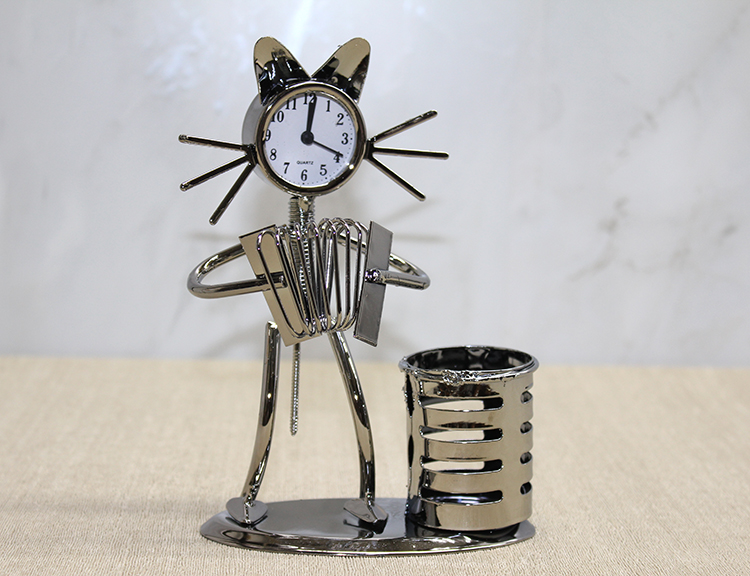 Metal Akordiyon Çalan Kedi Müzisyen Saat Ve Kalemlik Alk4344