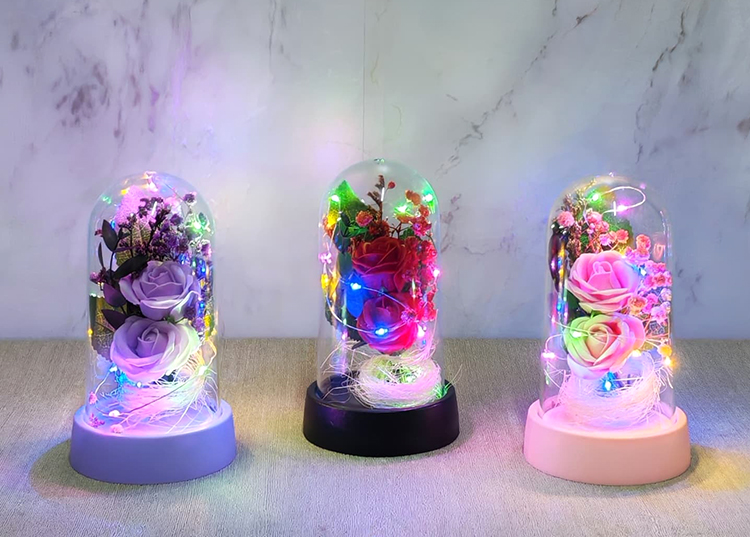 Işıklı Müzikli Romantik Fanus Tekli Gül Alk5007