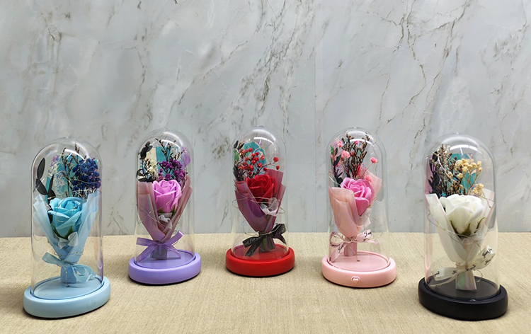 Işıklı Müzikli Cam Fanus İçinde Lavantalı Romantik Gül  Alk5001