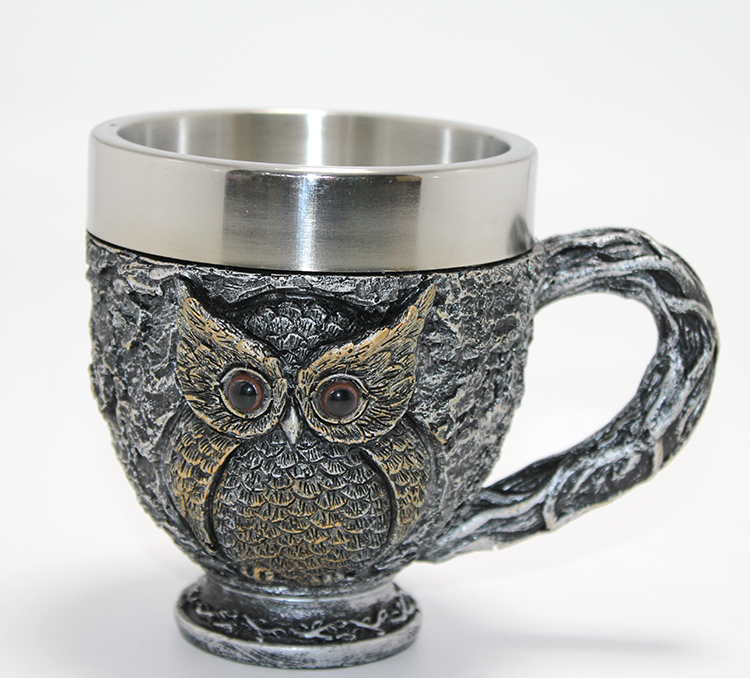 3D Kabartmalı Baykuş Büstü Paslanmaz Çelik Kupa Bardak Alk4482