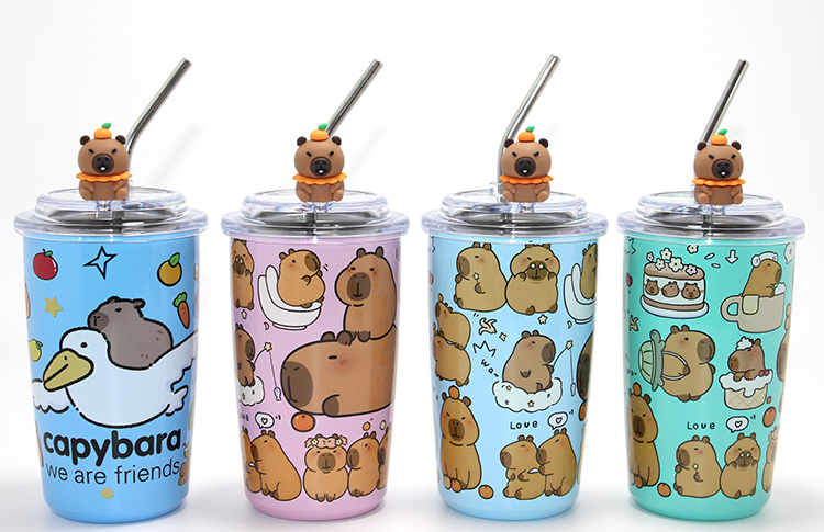 Kapibara Capybara Figürlü Isı Muhafazalı Metal Pipetli Paslanmaz Çelik Kupa Alk4429