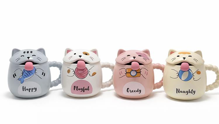 Özel Tasarım 3D Kedi Figürlü Kapaklı Kaşıklı Kupa Bardak Alk5029